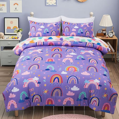 Holawakaka Boho Rainbow Full Comforter Set with Sheets, 5-Piece Bohemian Love Heart Star Bedding Set for Girls & Women -Super Soft Microfiber Kids Teen-girls Full Size Lavender Reversible Bed-in-a-Bag