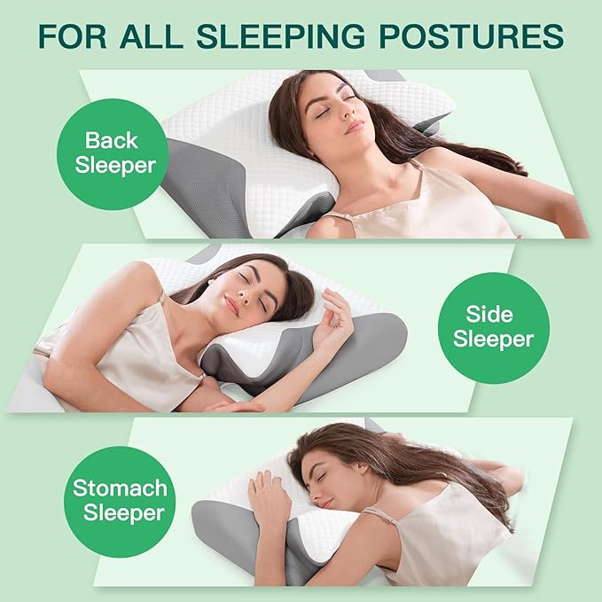 Memory Foam Cervical Pillow, 2-in-1 Ergonomic Neck Support Pillow with Armrest & Ear Hole, Contour Orthopedic Bed Pillow for Pain Relief, Adjustable Height for Side, Back & Stomach Sleepers