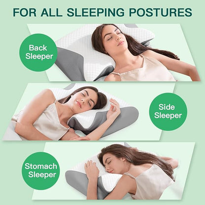 Memory Foam Cervical Pillow, 2-in-1 Ergonomic Neck Support Pillow with Armrest & Ear Hole, Contour Orthopedic Bed Pillow for Pain Relief, Adjustable Height for Side, Back & Stomach Sleepers