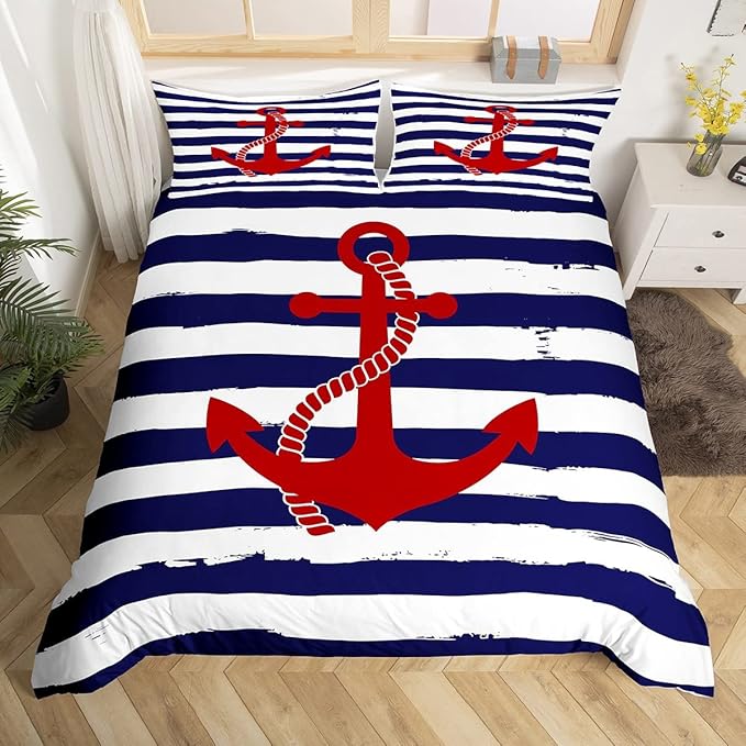 Nautical Anchor Duvet Cover Sets Queen,Geometric Stripes Comforter Cover Ocean Adventure Theme Quilt Cover Navy Blue and Red Bedding Set 3pcs for Kids Girls Teens Boys Room Decor with 2 Pillowcases