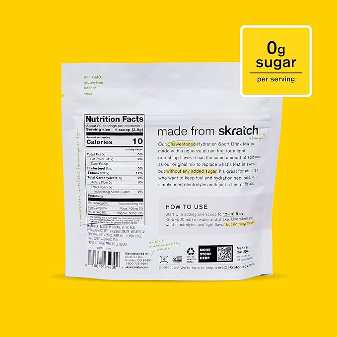 Skratch Labs Unsweetened Hydration Sport Drink Mix | Sugar Free | Electrolytes Booster | Lemon + Lime - 30 Servings | Non-GMO, Vegan, Kosher, Keto, Paleo
