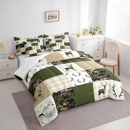 Feelyou Wild Deer 7 Piece Bedding Set Queen Size Geometric Pattern Comforter Set with Sheets for Kids Boys Girls Teens Green and Beige Bed in a Bag Camouflage Bed Set