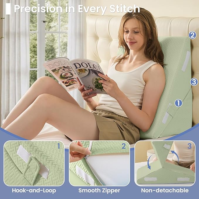 Sasttie Wedge Pillow for After Surgery, Adjustable Bed Wedge Pillow Headboard for Acid Reflux, Sleeping, Neck & Back Support, with Removable Cover, Green