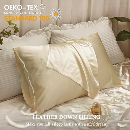 BHZ Beige Satin Goose Down Feather Pillows King Size Set of 2 with Pillowcase for Hair and Skin, Cooling Pillow Cases Similar to Silk Pillow Cases, Decorative for Women, Mom Men
