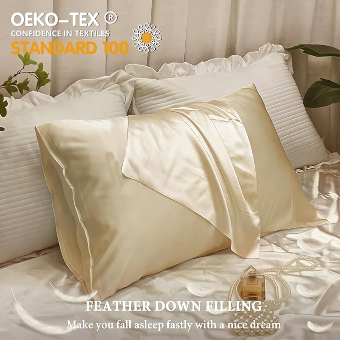 BHZ Beige Satin Goose Down Feather Pillows Queen Size Set of 2 with Pillowcase for Hair and Skin, Cooling Pillow Cases Similar to Silk Pillow Cases, Decorative for Women, Mom Men