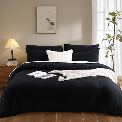 NEXHOME PRO King Duvet Cover Set – 100% Certified Organic Cotton with Washed Feel & Linen-Like Texture, Comfortable & Breathable, Home Bedding Set Black (No Comforter)