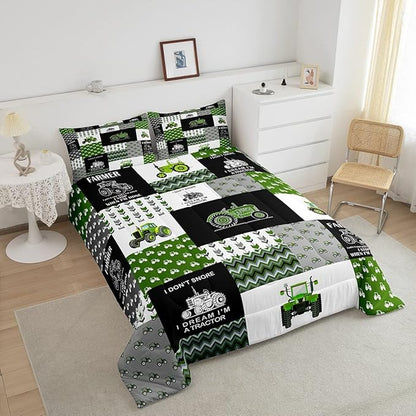 Feelyou Tractor Comforter Set Cartoon Farm Tractor Down Duvet for Kids Boys Girls Truck Car Bedding Set Harvester Excavator Comforter Green 1 Comforter Set with 1 Pillowcase Twin Size
