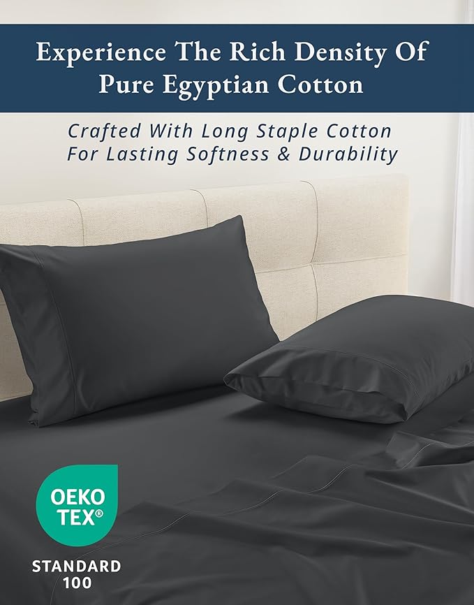 LANE LINEN 100% Egyptian Cotton Sheets King Size, Fully Elasticized Reinforced Seams Extra Deep Pocket King Sheet, No Pill Fade Resistant Cooling Sheets King Size - Moonless Night