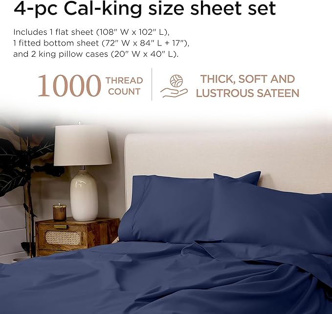 Threadmill California King Sheets, Certified American Supima Cotton Sheet, 1000 Thread Count Hotel Quality Sheets, 4 Piece Luxury Bed Sheets Set with Elasticized Extra Deep Pocket, Folkstone Blue