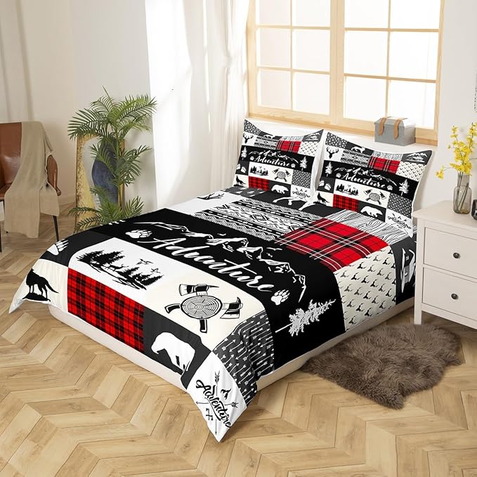 Castle Fairy Deer Antlers Bedding Set King Size for Teens,Bear Pine Wolf Hunting Camper Comforter Cover with 2 Pillowcases,Adventure Rustic Farmhouse Red Plaid Duvet Cover Set Microfiber Quilt Cover
