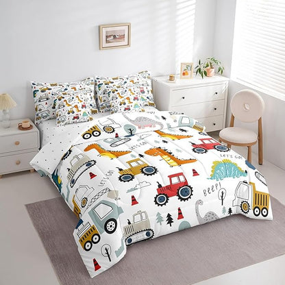 Feelyou Construction Comforter Set with Sheets 7 Piece Twin Size Kids Cartoon Dinosaur Bed in a Bag for Boys Equipment Trucks Bedding Set Construction Vehicles Kawaii Jungle Dino Bed Set Room Decor
