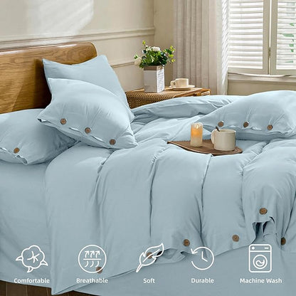 JELLYMONI Cotton Duvet Cover Queen Size - Light Blue Comforter Cover with Button 100% Washed Cotton 3PCS Breathable Soft Solid Bedding Set Duvet Cover 90×90in & 2 Pillowcases (NO Comforter)