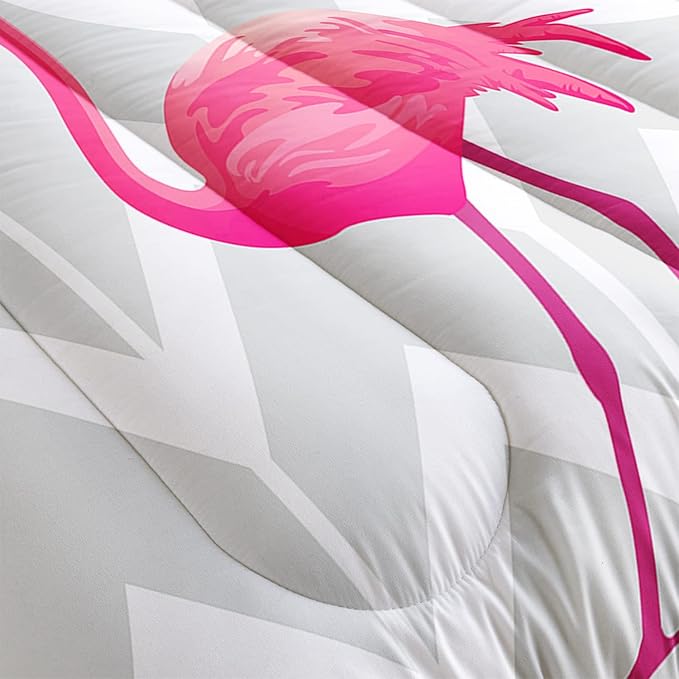 Flamingo Comforter Set Queen Size Tropical Flamingo Geometric Stripe Bedding Set Flamingo Quilted Duvet for Kids Girls Boys Adult with 1 Comforter and 2 Pillowcases