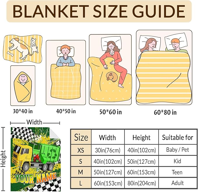 Personalized Blanket for Boys, Garbage Truck Throw Blanket Gifts for Kids Teens, 50"x60" Cool Custom Flannel Blankets Gift for Son Cars Lovers Lightweight Throws for Couch Sofa Bed Decor