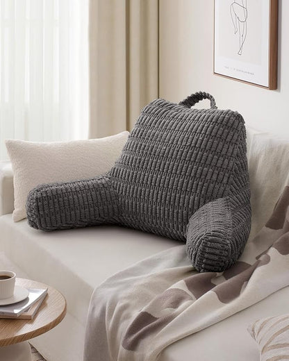 Blissful Diary Reading Pillow, Large Backrest Pillow with Shredded Memory Foam for Adult & Children, Designed for Bed and Couch Sitting Up, Includes Arms, Pockets and Washable Cover, Dark Gray