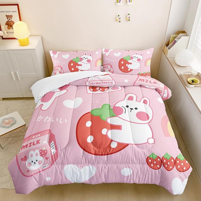 QOOMO Strawberry Rabbit Comforter Set for Kids Teens Girls Women,Pink Bunny Kids Comforter,1 Comforter with 2 Pillowcase, Microfiber 3 Piece Bedding Set,for All Seasons(Pink，Twin Size)