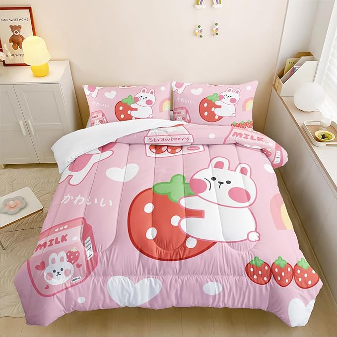 QOOMO Strawberry Rabbit Comforter Set for Kids Teens Girls Women,Pink Bunny Kids Comforter,1 Comforter with 2 Pillowcase, Microfiber 3 Piece Bedding Set,for All Seasons(Pink，King Size)