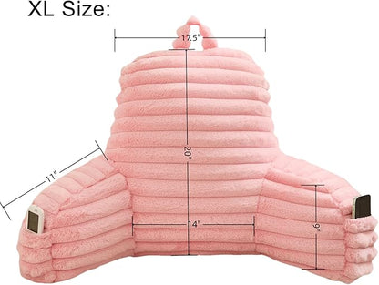 WERDIM Reading Pillow for Sitting in Bed, Faux Fur Back Pillow for Rest, Bed Chair Pillow with Arms and Pockets(XLarge, Pink)