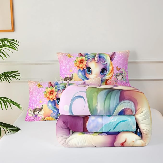 Cute Unicorn Comforter Set Full for Girls Kids, Rainbow Unicorn Flower Print Galaxy Bedding Set,Soft Microfiber Cartoon Comforter Set with 2 Pillowcases,Toddler Bedding Set