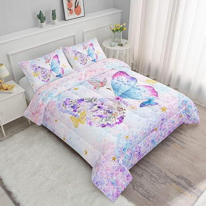 Cartoon Butterfly Comforter Set Watercolor Butterfly Printed Bedding Set with 1 Comforter and 2 Pillowcases for Boys and Girls Bedroom All Season(Butterfly Full)