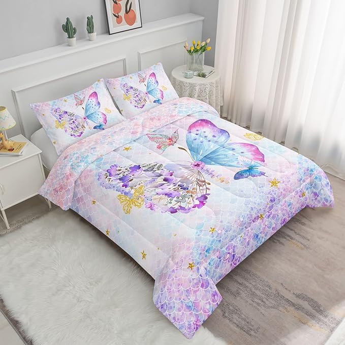 Cartoon Butterfly Comforter Set - Watercolor Printed Bedding With 1 Comforter and 2 Pillowcases for Boys and Girls Bedroom - All Season (Twin)
