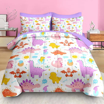 Comforter Set Queen Size, Cute Dinosaur 7 Pcs Purple Bedding for Kids and Adults, Rainbow Happy Bed Sheet Sets with Fitted Sheet 2 Pillowcase & 2 Sham for Bedroom Bed Decor