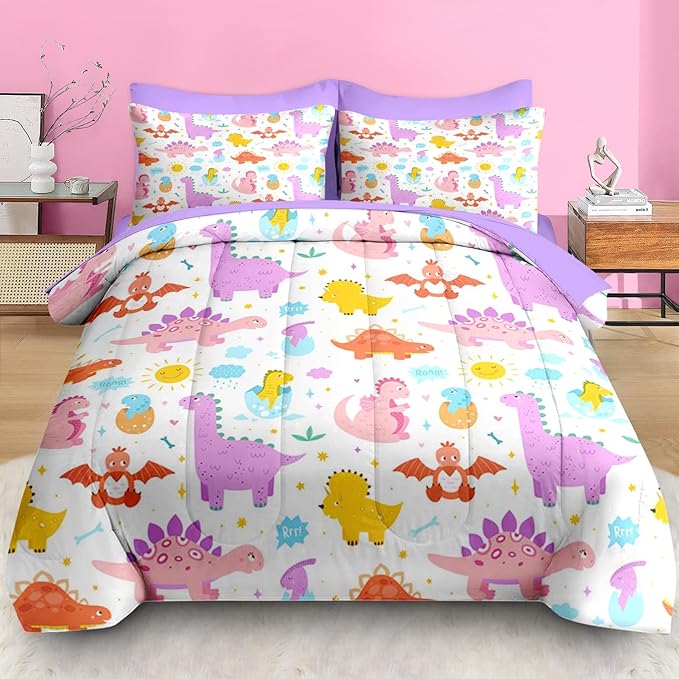 Comforter Set Twin Size, Cute Dinosaur 5 Pcs Bedding for Kids and Adults, Love Rainbow Happy Bed Sheet Sets with Fitted Sheet Pillowcase & Sham for Bedroom Bed Decor