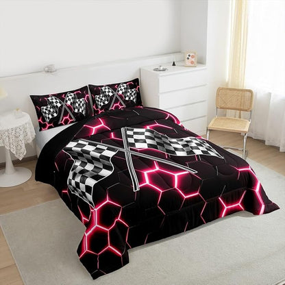Black White Flag Geometric Comforter Set Queen Size Fashion Red Neon Light Honeycomb Bedding Set for Kids Boys Teens Games Room,3D Checkered Flag Quilted Duvet Race Sports Gaming Duvet Insert 3pcs
