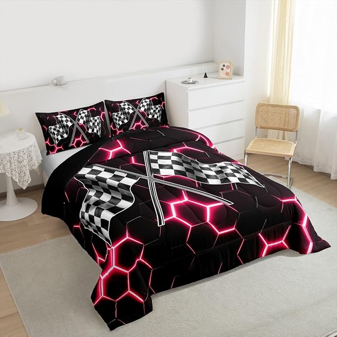 Black White Flag Geometric Comforter Set Full Size Fashion Red Neon Light Honeycomb Bedding Set for Kids Boys Teens Games Room,3D Checkered Flag Quilted Duvet Race Sports Gaming Duvet Insert 3pcs