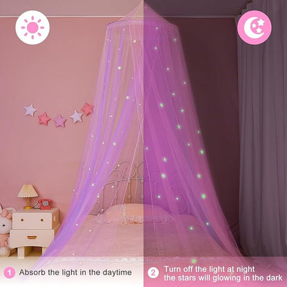 FIOBEE Bed Canopy for Girls Room Bed Canopy Curtains with Led Lights Mosquito Net DIY Princess Room Décor with Stars Butterflies for Kids Bedroom, Rainbow