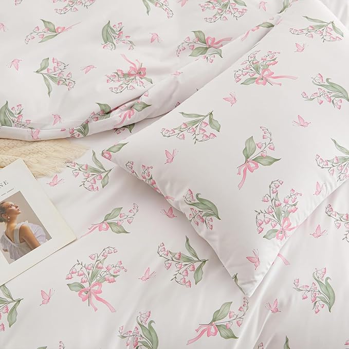 Duvet Cover Queen 3Pcs Pink Floral Bedding Set for Girls, Lily of The Valley with Butterfly and Bow Design, 1 Duvet Cover and 2 Pillowcases, Soft Breathable Microfibre Reversible