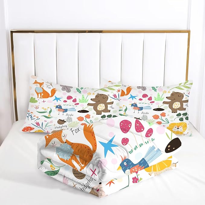 Animal Comforter Set Twin: Forest Animals Kids Bedding Set Cute Safari Woodland Quilt Jungle Cartoon Fox Bear Lion Flowers Bed Sets for Girls Boys Children Teens Toddler