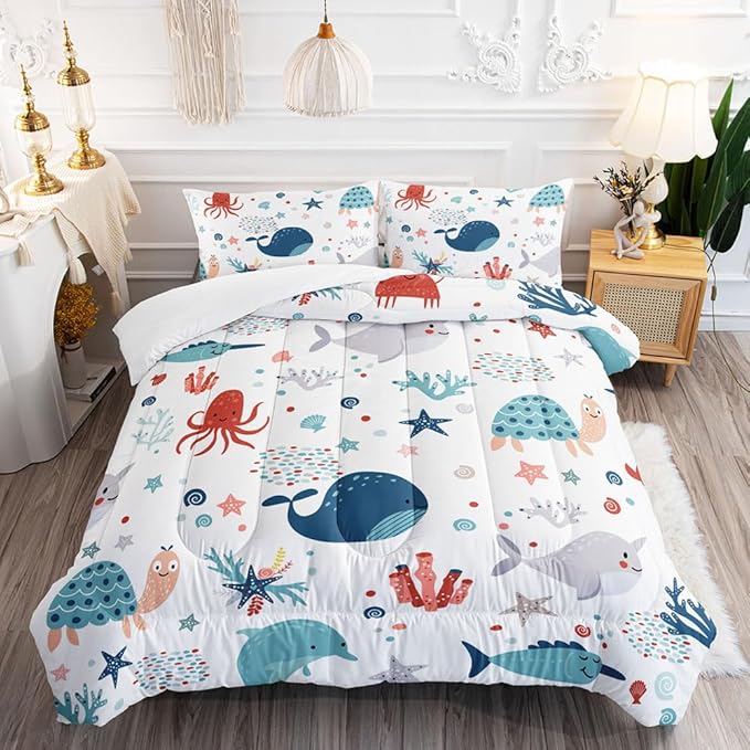 Kids Turtle Comforter Set Queen Beach Theme Dolphin Starfish Seaweed Bedding Set Sea Animal Octopus Reptile Bed Set with 2 Pillowcases for Boys Girls Room Decor
