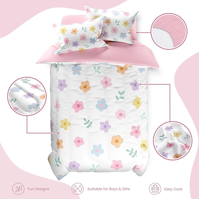 SANDJEST Floral Comforter Set Twin Size 68x86in for Kids Girls, Microfiber 3 Pcs Bedding Set Includes 1 Comforter, 1 Pillowcase, 1 Fitted Sheet, Nursery Room Decor