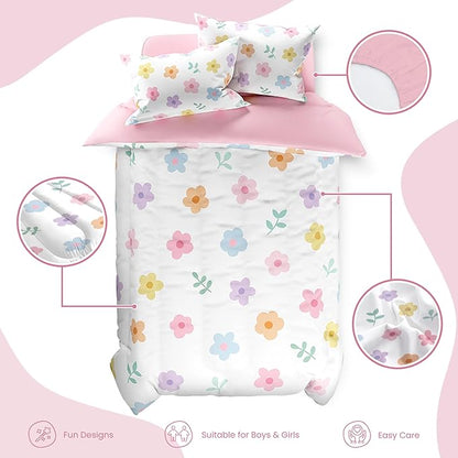 SANDJEST Floral Comforter Set Twin Size 68x86in for Kids Girls, Microfiber 3 Pcs Bedding Set Includes 1 Comforter, 1 Pillowcase, 1 Fitted Sheet, Nursery Room Decor