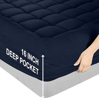 Utopia Bedding Full Mattress Pad, Quilted Fitted Premium Mattress Protector, Deep Pocket Cover Stretches up to 16 Inches, Fluffy Pillow Topper (54x75 Inches, Navy)