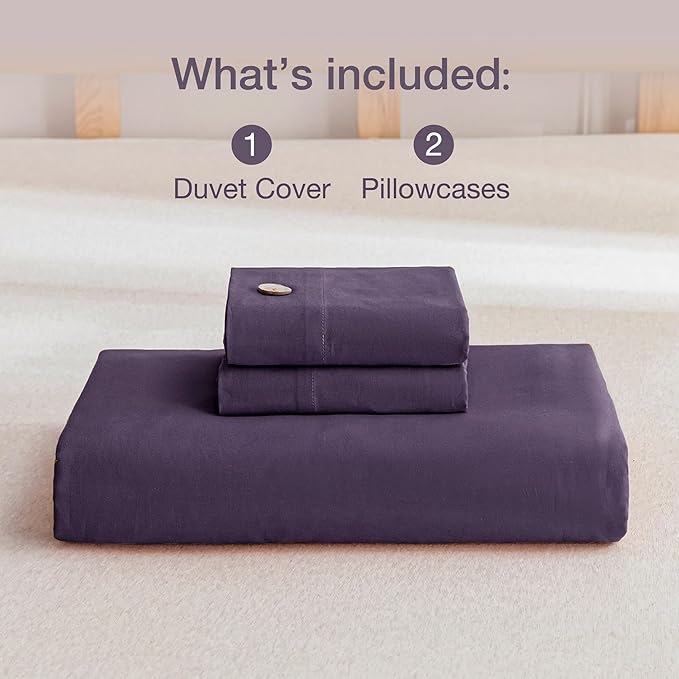 JELLYMONI Cotton Duvet Cover King Size - Purple Comforter Cover with Button 100% Washed Cotton 3PCS Breathable Soft Solid Bedding Set Duvet Cover 104×90in & 2 Pillowcases (NO Comforter)
