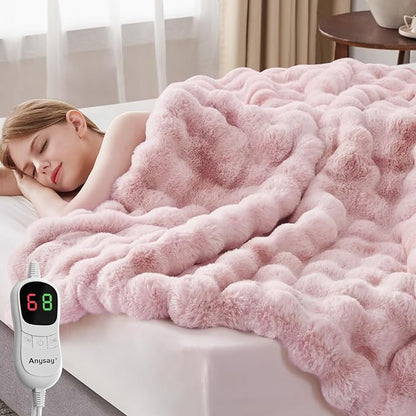 Heated Blanket Throw with 1/2/4/6/8 Hours Auto-Off 10 Heat Level, 62'' * 84'' Cozy Faux Rabbit Fur Bubble Electric Blanket with Overheat Protection(Tie-Dye Pink)