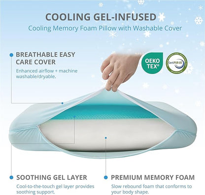 Cooling Pillow for Sleeping, Gel Memory Foam Pillow with Reversible Cover, Neck Support for Side, Back and Stomach Sleepers, Removable & Machine Washable Cover, Bed Pillows for Hot Sleepers, Blue
