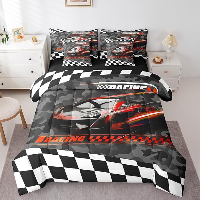 Feelyou Red Racing Car 7 Piece Bedding Set King Size Kids Boys Speed Race Car Comforter Set with Sheets for Teens Toddler Extreme Sports Bed in a Bag Camouflage Bed Set