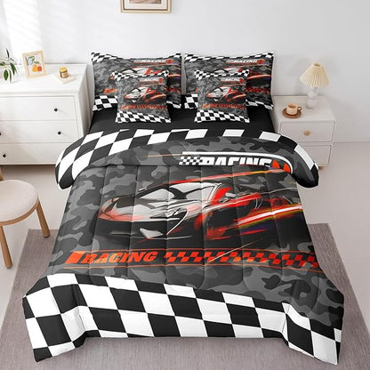 Feelyou Red Racing Car 7 Piece Bedding Set King Size Kids Boys Speed Race Car Comforter Set with Sheets for Teens Toddler Extreme Sports Bed in a Bag Camouflage Bed Set