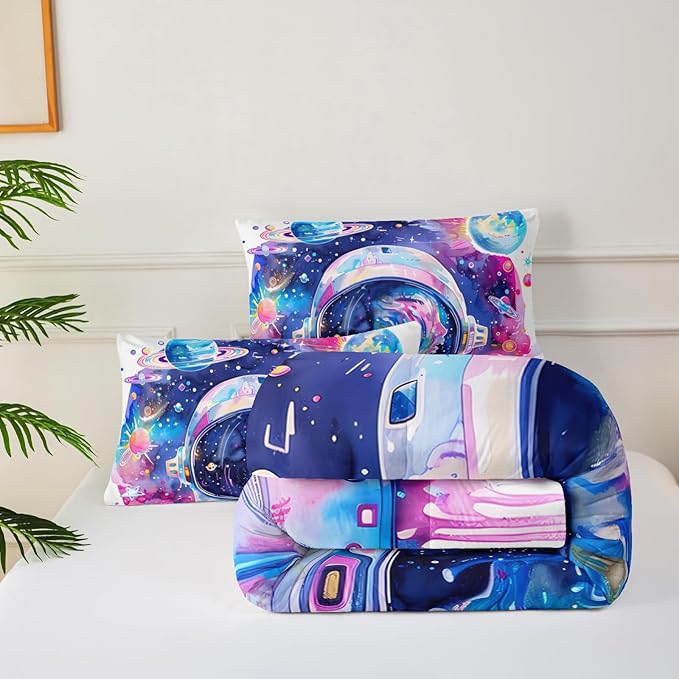 Kids Pink and Blue Astronaut Galaxy Comforter Set Queen，Outer Space Themed Queen Size Bedding Set，with 1 Comforter with 2 Pillow Case，Astronaut Bedroom Decor for Boys