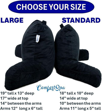 ComfortSpa Reading Pillow for Kids Teens Adult, Back Rest Pillow with Arms, Pockets, Washable Cover; Use as a Back Pillow for Bed Sitting Up for Bedrest or Relief from GERD Heartburn (Standard Black)
