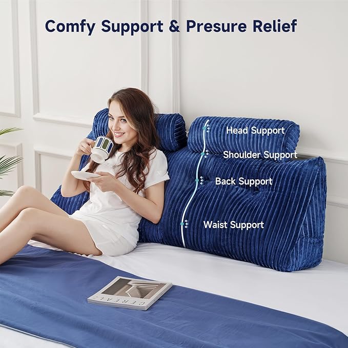 Z-hom Queen Wedge Headboard Pillow with 2 Roll Cushions, Large Reading Pillow for Bed Sitting Up, Triangular Backrest Cushion for Headboard, Ergonomic Support Pillow for Back Pain Relief, Blue