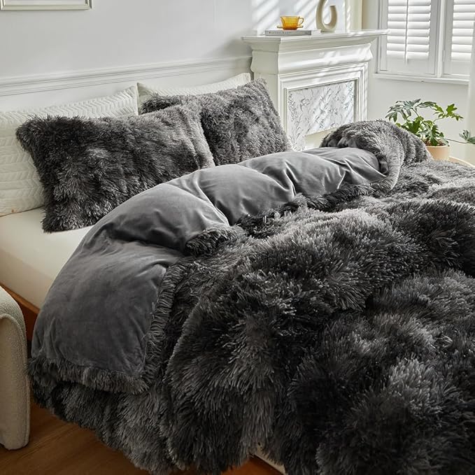 Wajade Faux Fur Plush White Comforter Set Fluffy Fuzzy Shaggy Bedding Set - 3PC Full/Queen Microfiber Soft Warm Quilt Set (Tie Dye Dark Grey, Queen)