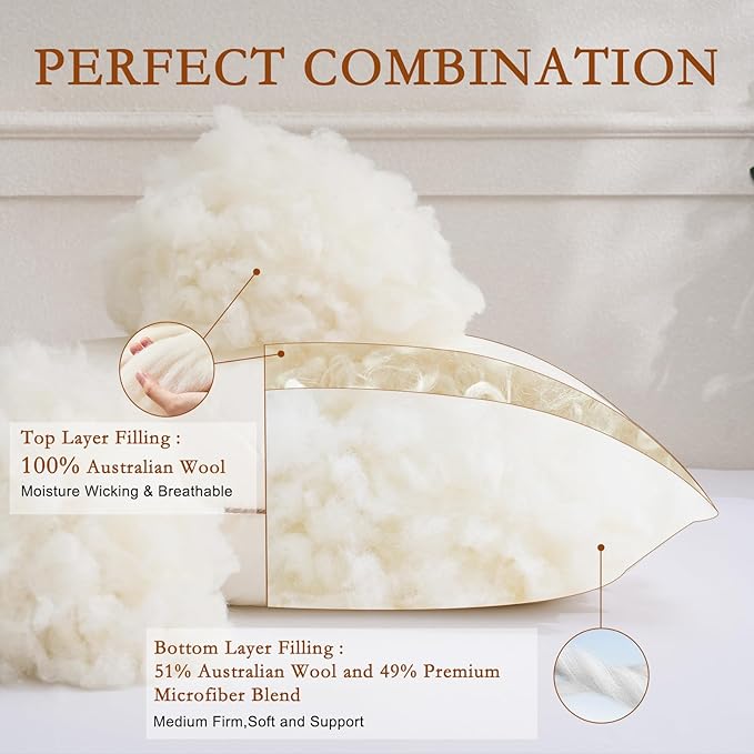 YOUR MOON Organic Wool Pillow Queen Size, Soft Support Bed Pillows for Sleeping, Natural Wool & Down Alternative Filling, Luxury Hotel Quality Pillows,100% Cotton Cover (Off White)