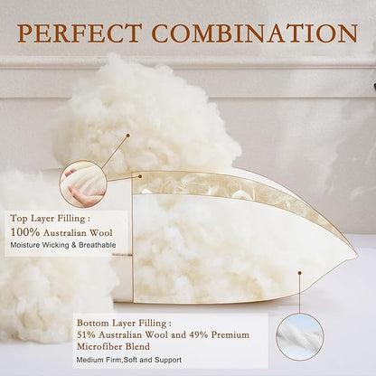 YOUR MOON Organic Wool Pillow Queen Size, Soft Support Bed Pillows for Sleeping, Natural Wool & Down Alternative Filling, Luxury Hotel Quality Pillows,100% Cotton Cover (Off White)