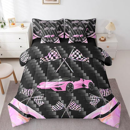 Feelyou Pink Race Car 7 Piece Bedding Set King Size Extreme Sports Comforter Set with Sheets for Kids Teens Adult Fast and Furious Bed in a Bag Dazzling Flag Bed Set