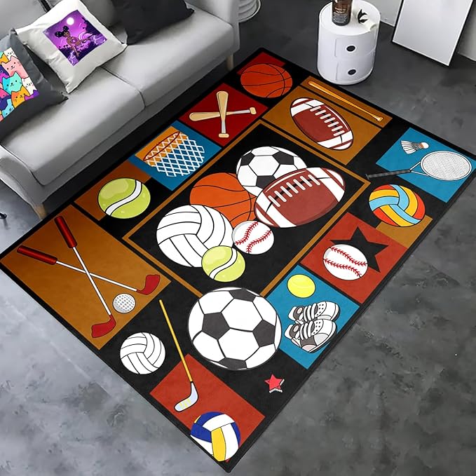 Sports Rugs for Boys Bedroom - Basketball Rug for Boys Bedroom Kids Carpet Sports Theme Basketball, Soccer, Baseball Carpet for Living Room Floor Mat Welcome Mat, 3x4 Feet