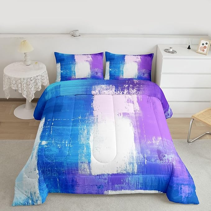 Feelyou Abstract Comforter Modern Abstract Art Comforter Set for Boys Girls Children Purple Blue White Pattern Bedding Set Room Decor Full Size Duvet Set 3Pcs